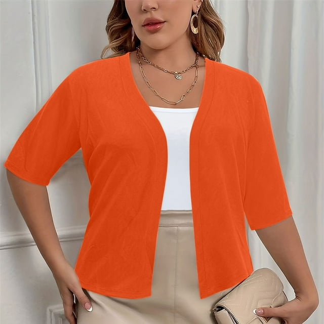 CFLVAEK Fall Cardigan Sweaters for Plus Size Women Casual Short Sleeve Open Front Shrugs Soft Solid Color Cropped Boleros Lightweight Cardigans Cover Ups