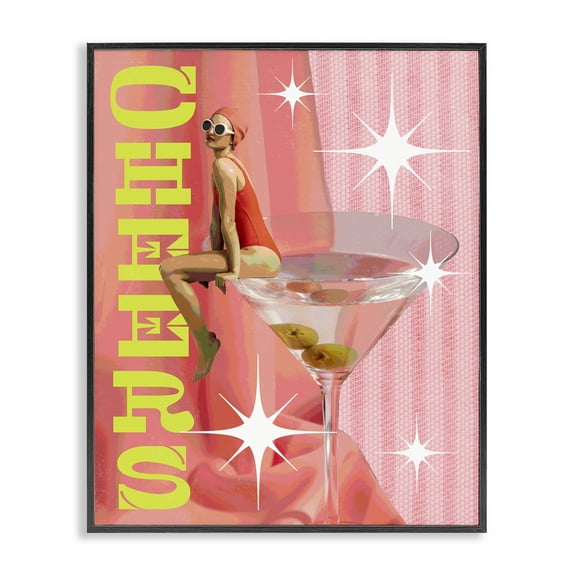 Stupell Industries Cheers Retro Drink & Swimmer Food & Beverage Painting Black Framed Art Print Wall Art, 11 x 14