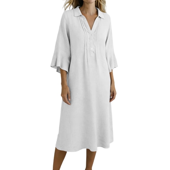 ZQUUVOU Summer Dresses for Women Linen Blend Loose Midi Dresses with Pockets 3/4 Sleeve Long Casual Bohemian Dress White