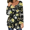 thumbnail image 2 of Henley Tunic Tops for Women Hide Belly Tunic Floral Print Blouse Front Pleated Shirts Long Sleeve Christmas Shirts Tops, 2 of 6