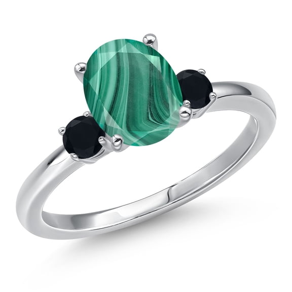 Gem Stone King 14K White Gold Green Malachite and Black Onyx Engagement Ring for Women | 2.70 Cttw | Oval 9X7MM | Gemstone Birthstone | Size 7