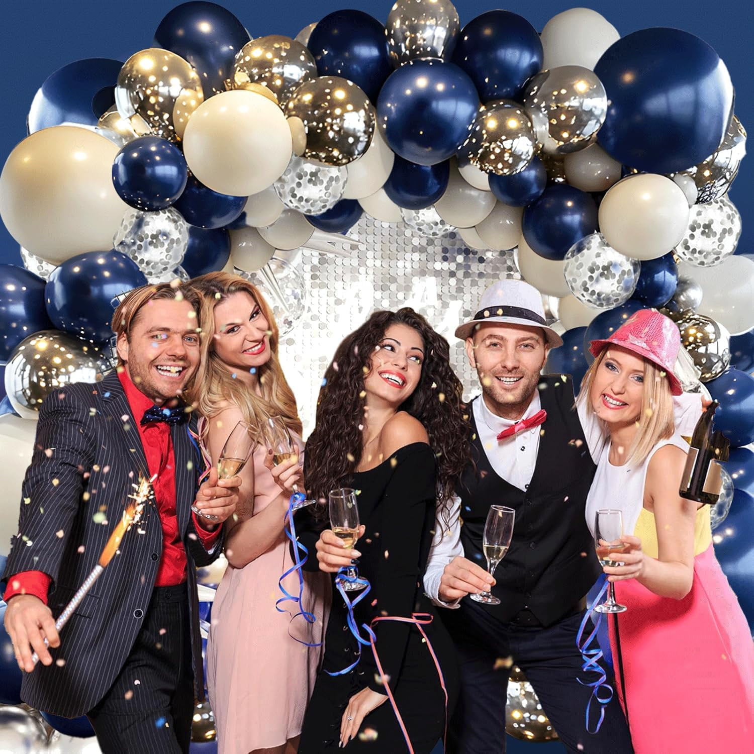 Navy Blue Silver Balloons Arch Kit, Double Stuffed Pearl White Royal Dark Blue Silver Chrome with Confetti Balloons Garland Kit for Birthday Wedding Graduation Father's Day Decorations