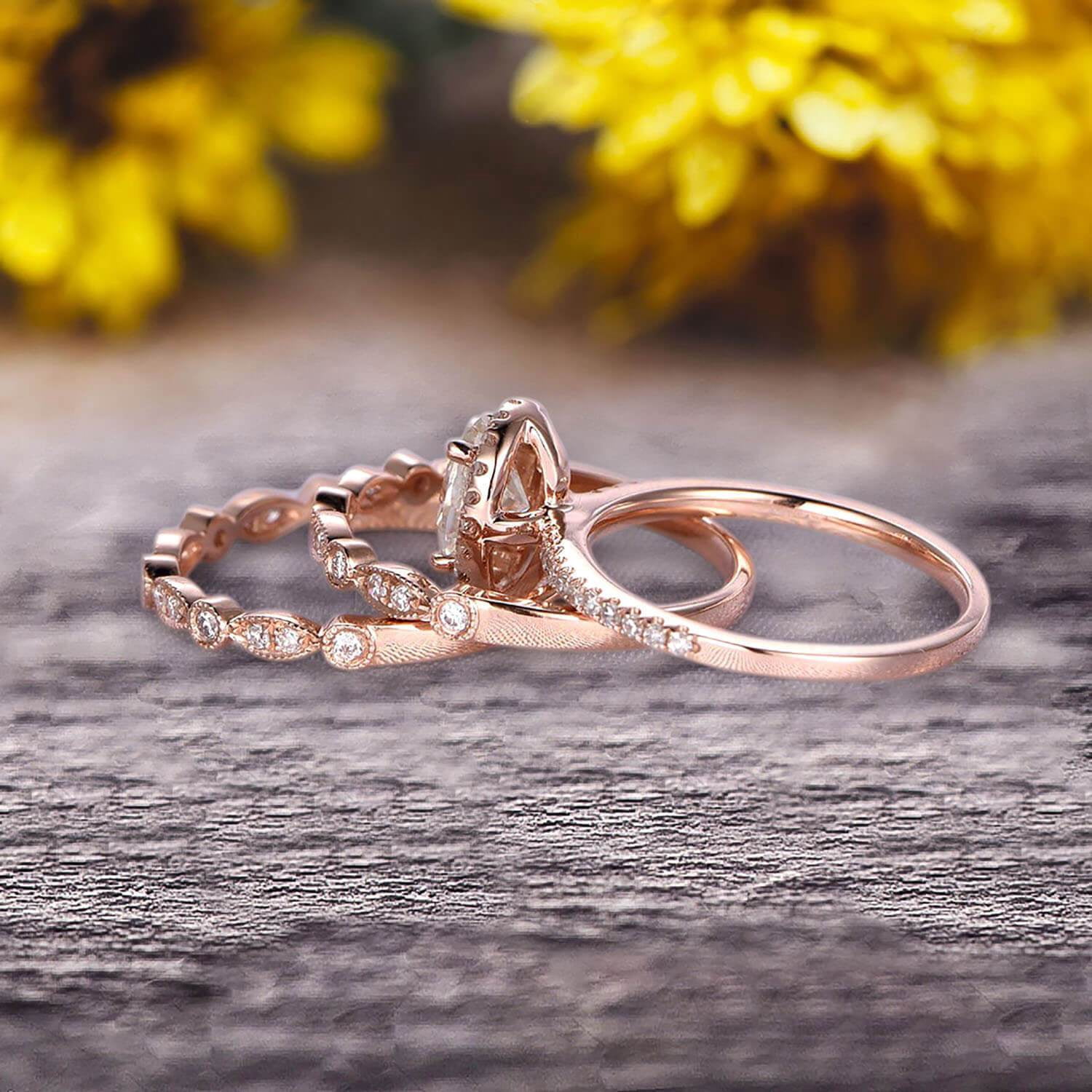 3.00 carat Classic Oval Moissanite Diamond wedding Bands & Bridal Set Engagement Ring Classic Art Deco 10k Rose Gold