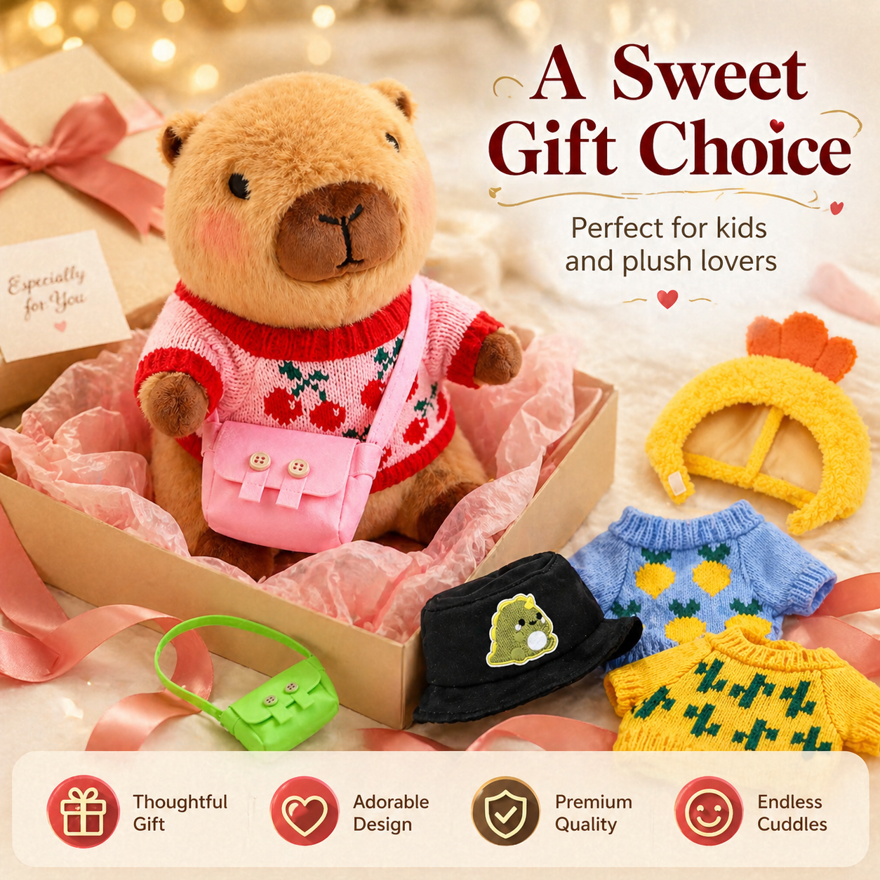 10.2 Inch Capybara Plush with 9 Clothes & Accessories, Dress-Up Capybara Stuffed Animal with 4 Sweaters, 2 Hats & 3 Bags, Cute Plush Toy Gift for Girls Boys Kids Birthday Christmas