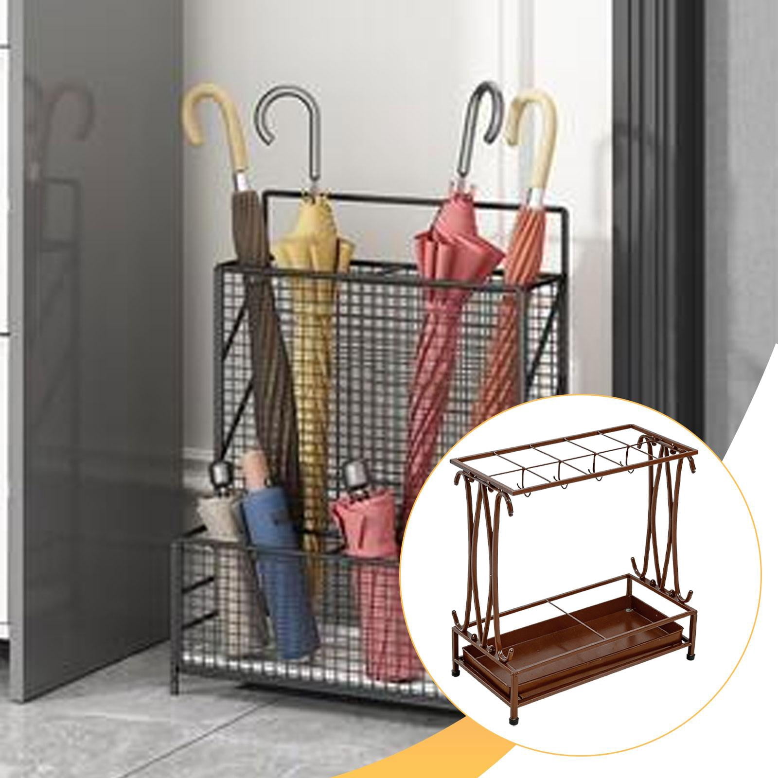 Fiocias Iron Umbrella Holder with Drip Tray Rectangular Umbrella Storage Organizer Stand Brown