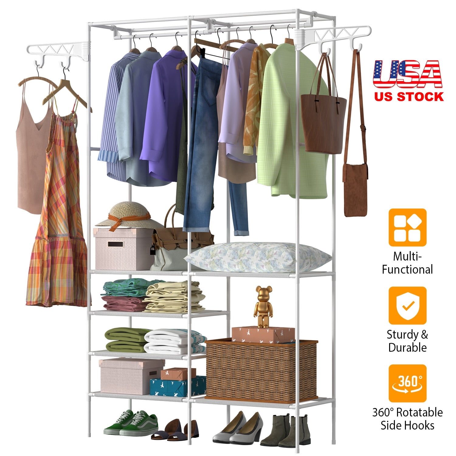 4 Layers of Shelves Closet Organizing Rack,360° Rotatable Hooks - Closet Organizer for Home & Laundry Room​