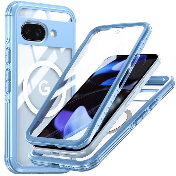 TECH CIRCLE for Google Pixel 9A Magnetic Hard PC TPU Case Water-Resistant with Built in Screen & Lens Protector Full Body Dustproof Shockproof Rugged Compatible with MagSafe Anti-Slip Frame,Blue