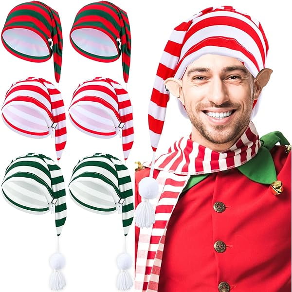 wonima44 Xtinmee 6 Pcs Christmas Elf Hats Striped Sleeping Night Cap Adjustable Stocking Cap with Pom Ball Red and Green Santa Elf Beanies Hat for Men Adults Christmas Party Supplies