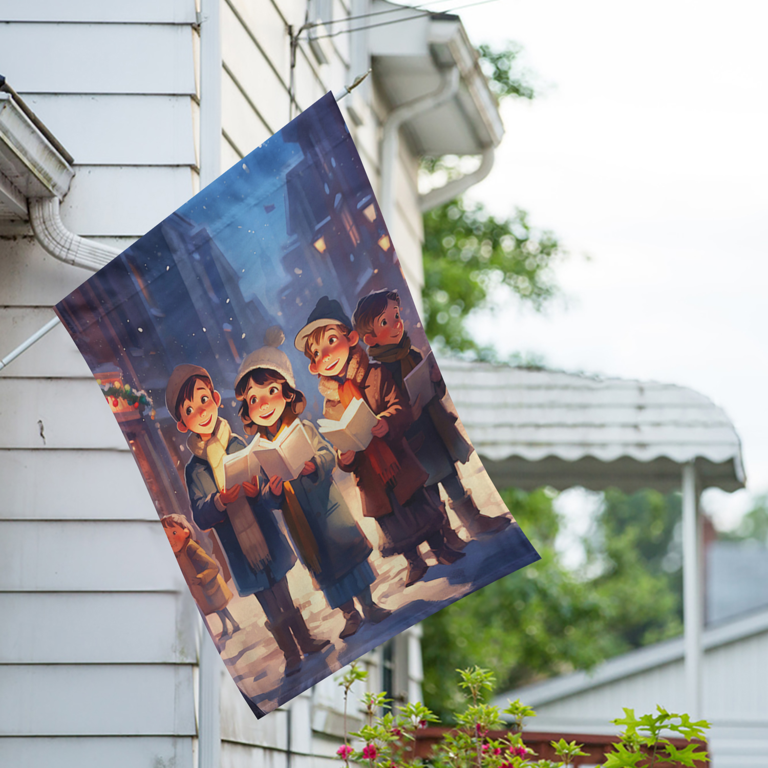 America Forever Christmas Carolers House Flag, 28 x 40 inch Double Sided, Young Singers Banner, Snowy Street Scene Outdoor Decor, Holiday Outside Decorations Yard Flag