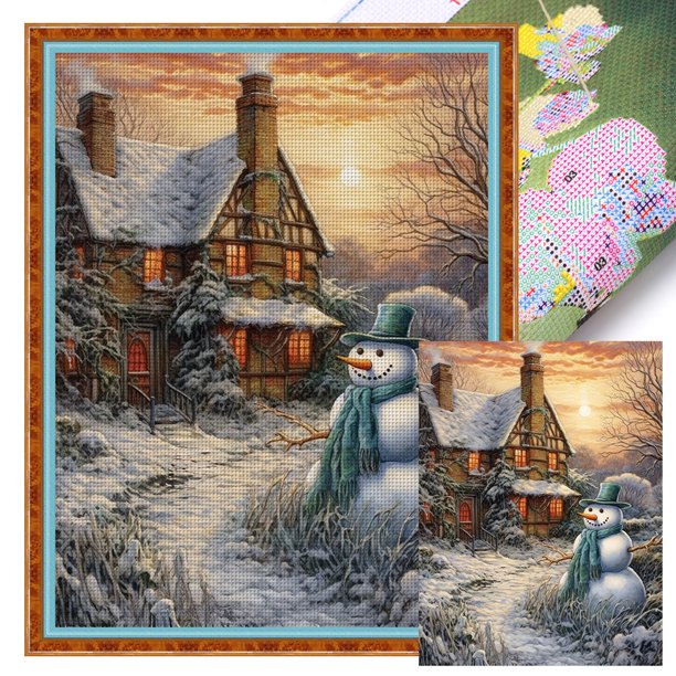 Hilo Algodón Bordado 11CT Casas Muñeco Nieve Navidad Punto Cruz 45x60cm