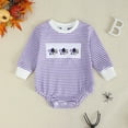 thumbnail image 2 of Staki Baby Girl Bodysuit Halloween Baby Clothes Newborn Striped Smocked Romper Infant Onesie Bodysuit Shirt Fall Outfit(Purple,6-12 Months), 2 of 5