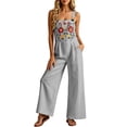 thumbnail image 3 of Women's Boho Jumpsuit Embroidered Floral Romper Square Neck Sleeveless Wide Leg Jumpsuit with Pockets Casual Linen Blend Outfit for Women, Gray, M, 3 of 6