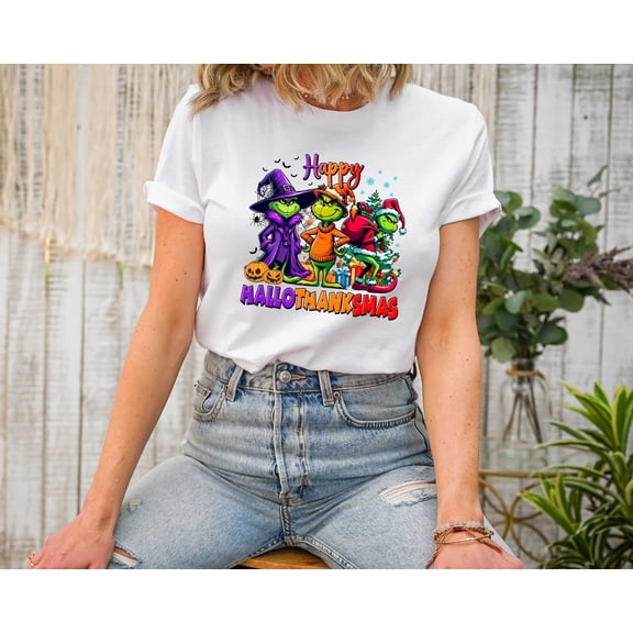 Moonlight Apparel Happy HalloThankSmas T-Shirt for Women Funny Holiday Graphic Tee Halloween Thanksgiving Christmas Shirt Cute Festive Top
