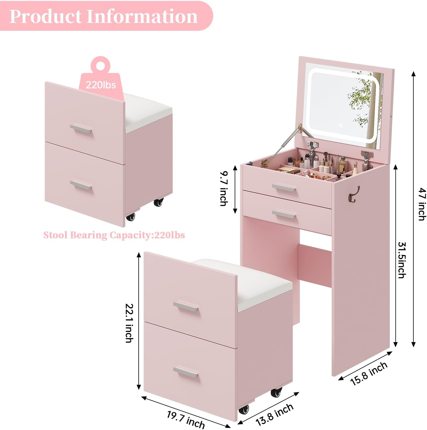 Compact Vanity with 3 Drawers, 3 in 1 Vanity Desk, Makeup Desk with Flip-up 3 Colors Lighting Mirror and Cushioned Stool, Small Vanities Nightstand Perfect for Bedroom, Pink