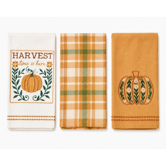 Serafina Home Decorative Fall Thanksgiving Pumpkin Harvest Time Is Here 100% Cotton Kitchen Hand Dish Towels Set of 3