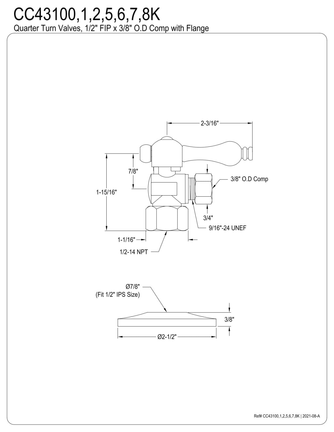 Kingston Brass CC43101K 1/2" FIP x 3/8" OD Comp Quarter-Turn Angle Stop Valve with Flange, Polished Chrome