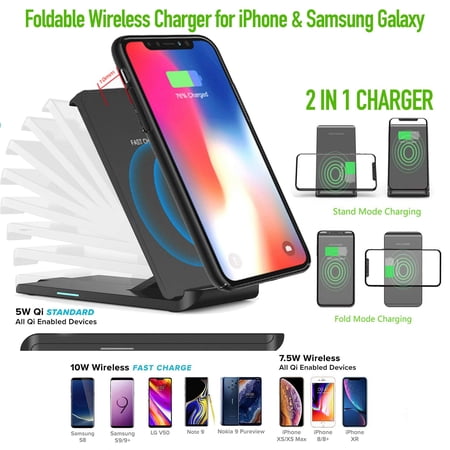 Premium Plus Fast Foldable Wireless Charger 10W Wireless Charging Stand Qi Certified Compatible iPhone XR Xs Max XS X 8 8 Plus Fast Charging Galaxy S10 S9 S9 S8 S8 and More No AC Adapter