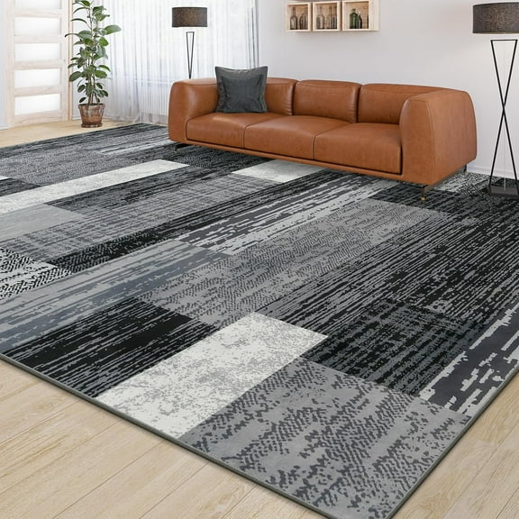 Large Area Rugs,Modern Geometric Patchwork Floor Decor for Bedroom Aesthetic Carpet, Rockwood Collection, Indoor Rugs for Living Room, Dining Room, Nursery, Office, Machine Washable Rug,5x8 Ft Grey