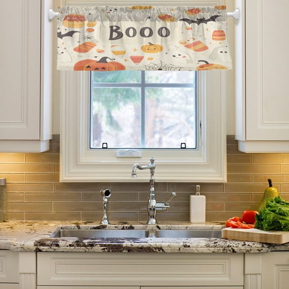 Yayeee Window Valance for Kitchen Farmhouse Rod Pocket Halloween Cute Pumpkins Short Curtain for Living Room