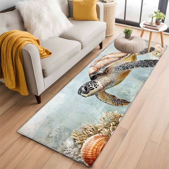 Turtle Kitchen Runner Rug 2x6 Washable Runners for Hallway Non Slip Coastal Ocean Coral Reef Retro Shell Sea Large Area Rug Indoor Floor Carpet for Bathroom Laundry Entryway Bedroom Living Room