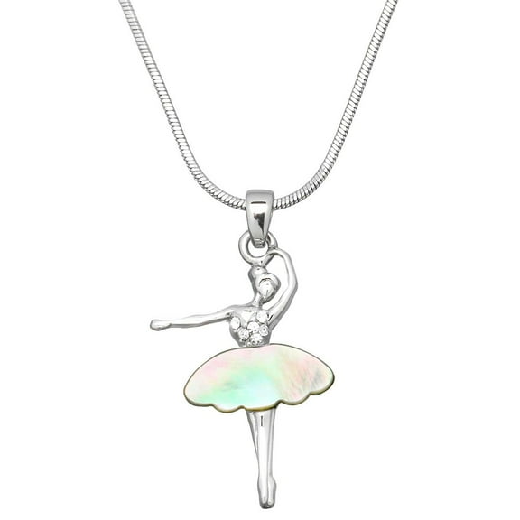 Ballerina Pendant Necklace or Earring Mother of Pearl Shell Rhinestone Crystal Rhodium Plated 17 Inch Snake Chain J0442