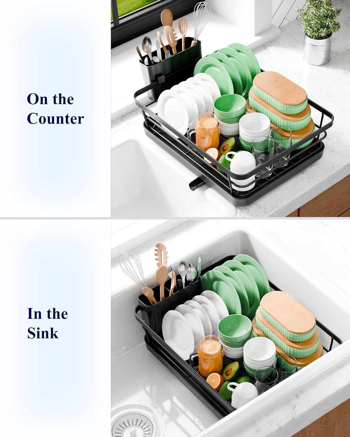 Dish Drying Rack - Compact Dish Rack with Utensil Holder & Adjustable Water Outlet, Rust-Proof & Scratch-Resistant Drying Rack for Kitchen, 14.5" x 12.0" x 4.0", Black