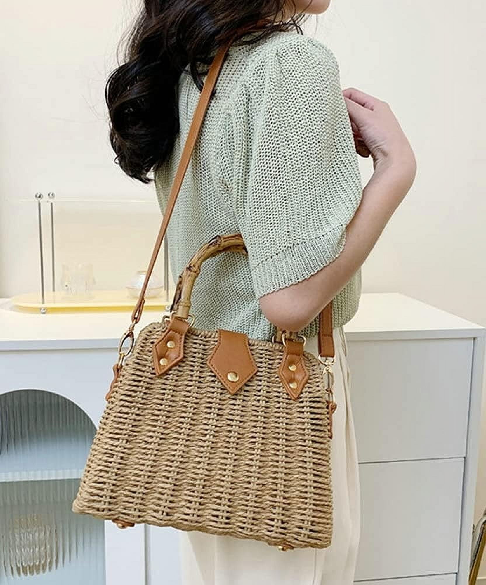 Kukuzhu Straw Tote Bag for Women Rattan Crossbody Handbags Woven Wicker Clutch Purse Imitation Bamboo Top Handle Shoulder Bag