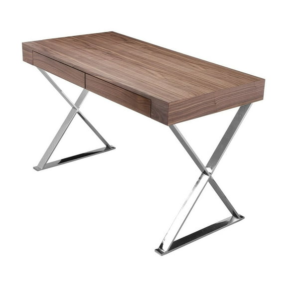 Rix 47 Inch Office Desk, Walnut Wood Top, 2 Drawers, X Polished Steel Legs