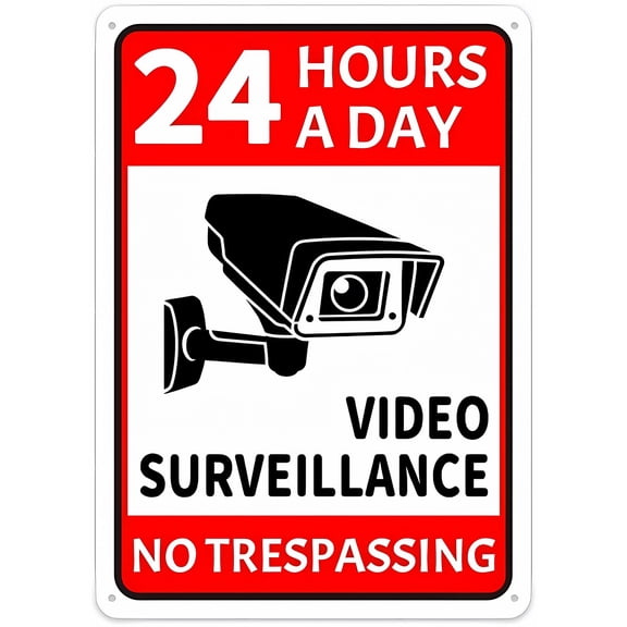 24 Hours Video Surveillance No Trespassing Retro Metal Tin Sign, 8"x12" Funny Wall Decor, Shop Yard Man Cave Garage Outdoor