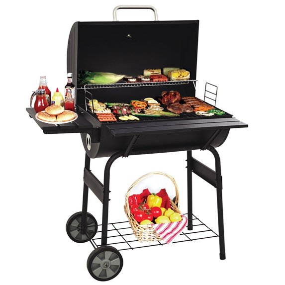 Charcoal BBQ Grills Smokers, 30'' BBQ Charcoal Grill with Smoker, Portable BBQ Grill with Temperature Gauge, Outdoor Barrel BBQ Grill Kits with 2 wheels for Patio, Porch, Picnic, SS1045