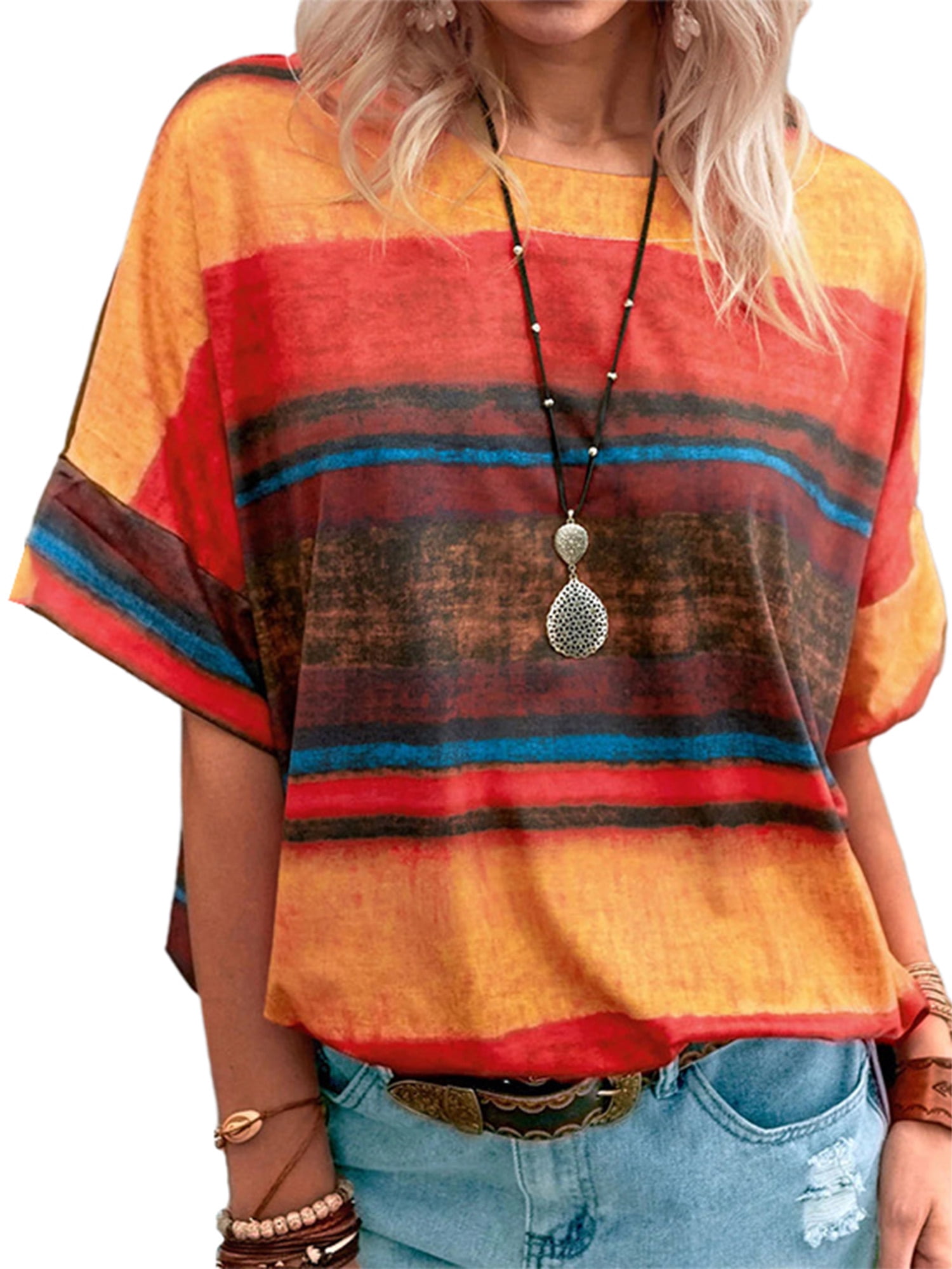 Women Tops Colorblock Gradient Tie Dye T-Shirt Short Sleeve Summer Casual Blouse 