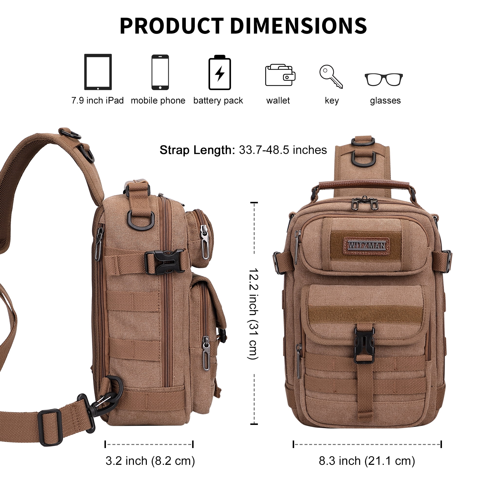 WITZMAN Sling Bag for Men Canvas Casual Chest Bag with USB Charging Port for Travel Daily Work(A8021 Brown)