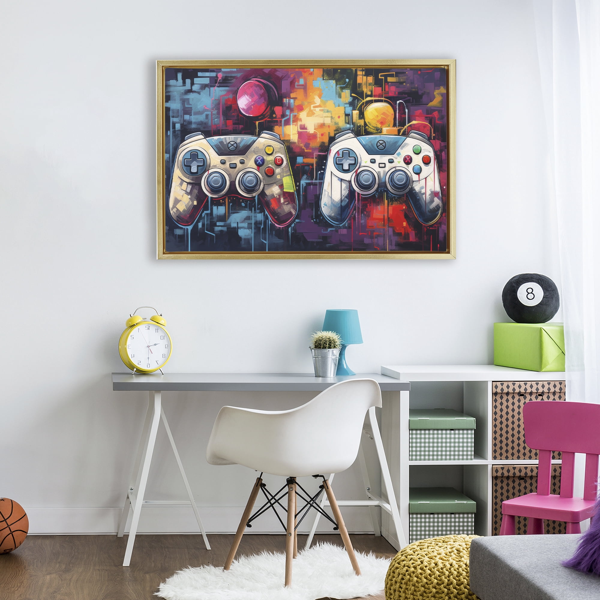 Stupell Industries Double Controller Modern Gamer Gold Framed Floater Canvas Wall Art, design by Lazar Studio