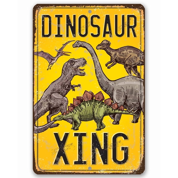 Dinosaur Crossing Sign - Cool Tin Sign for Wall Decor, Dinosaur Party Decoration Signs, Dinosaur Poster for Boys Room and Play Room, 8x12 Use Indoors or Outdoors Durable Rustic Metal Sign