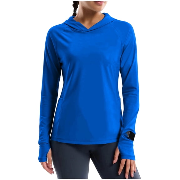 Wensltd Women Sun Protection Hooded Long Sleeve Beach Tops with Pocket Solid Color Lightweight Hiking Shirts Blue