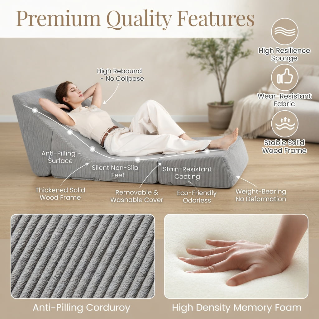 Hommoo 3-in-1 Folding Sofa Bed, Corduroy Convertible Lounger & Full-Size Guest Bed, Washable Zippered Cover, Gray