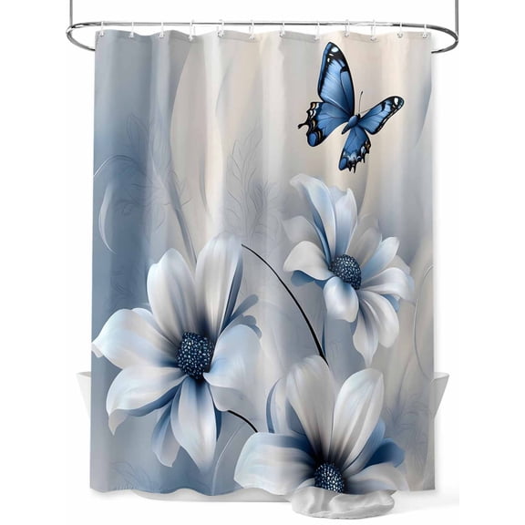 Fsddascl Elegant Floral Shower Curtain Set - 66" x 72" Washable Bathtub Curtain with 12 Hooks, Modern Rustic Blue Butterfly Flowers Waterproof Fabric Stall Shower Curtains for Bathroom/Bathtub