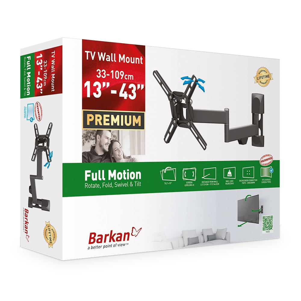 Barkan 13 - 43 inch Full Motion - 4 Movement TV Wall Mount Black Patented to Fit Various Screen Types UL Listed