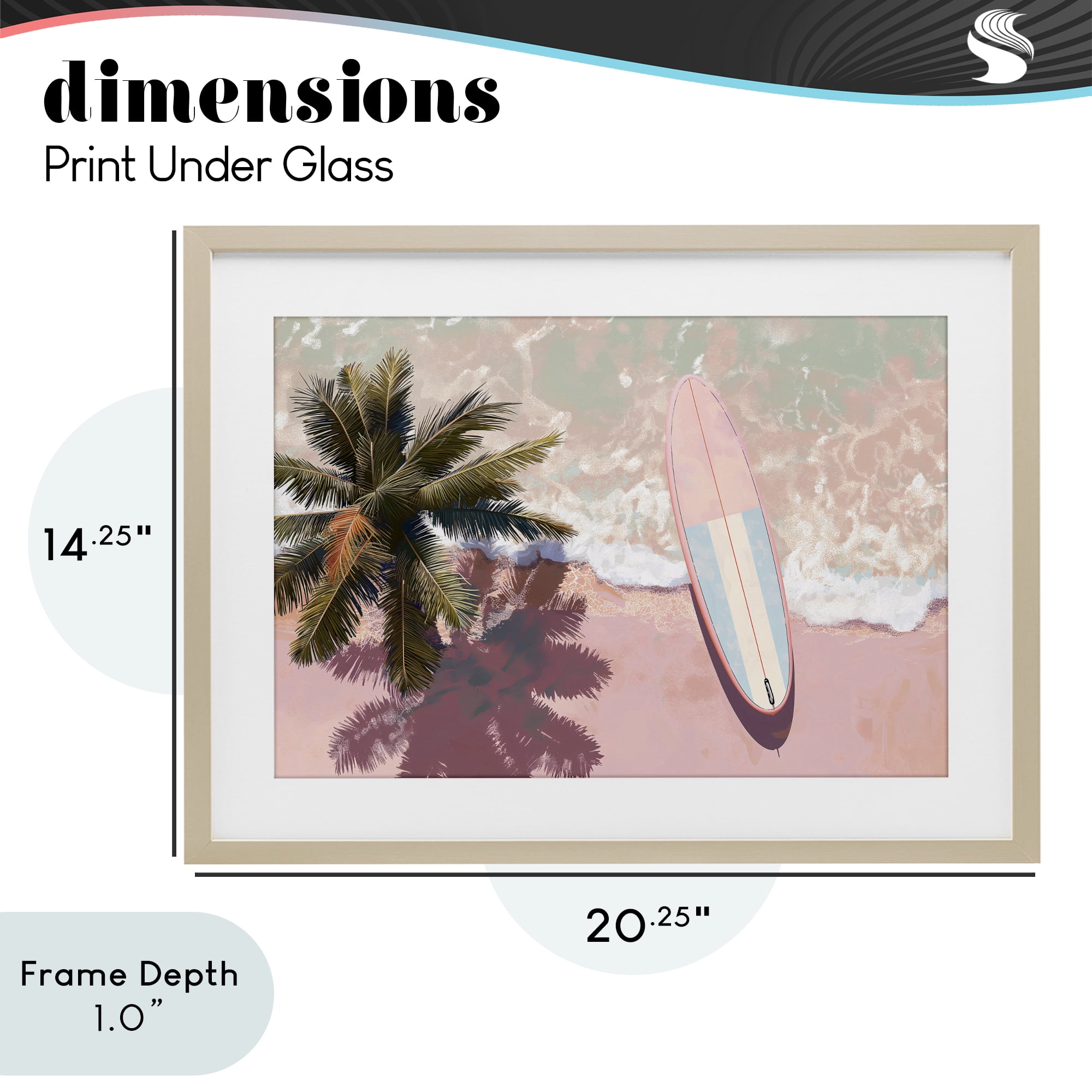 Stupell Industries Blush Pink Surfboard & Palm Birch Framed Print Under Glass, design by Jacky Ngan
