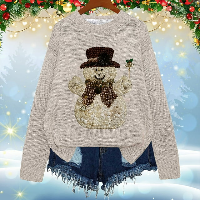 Chandails Grande Taille pour Femmes 2025 Imprimé Graphique Tendance Manches Longues Col Rond Tricot Automne Décontracté Coupe Ample