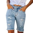 thumbnail image 2 of Ovticza Women's Ripped Mid-Rise Denim Bermuda Shorts Frayed Raw Hem Stretch Jean Shorts Light Blue M, 2 of 5