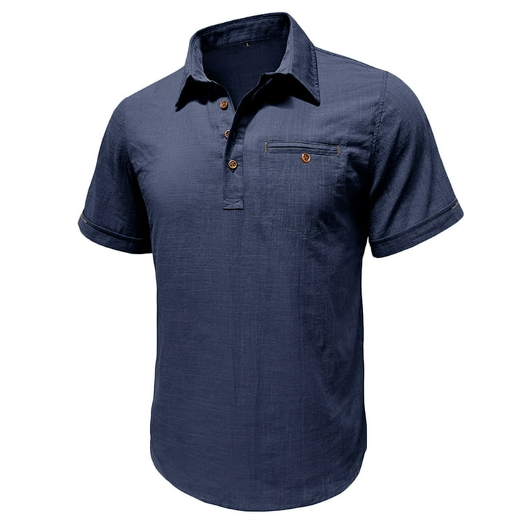 Polo Shirts for Men Solid Cotton Linen Short Sleeve Pull On Golf Tees Tops Business Casual Lightweight Vacation T Shirts with Pocket Walmart