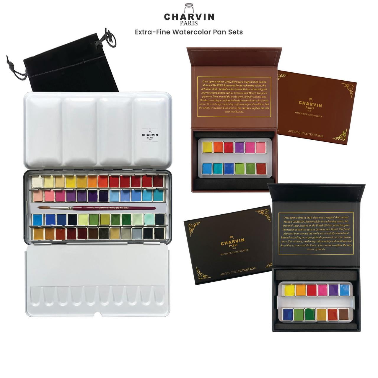 Charvin Extra-Fine Watercolor Pan Set, Intense  - Handmade Box Set of 12 Half-Pans - Professional Watercolor Paint Set, Made in France, Smooth Shellac-Like Finish, Glossy & Highly Transparent Pigment