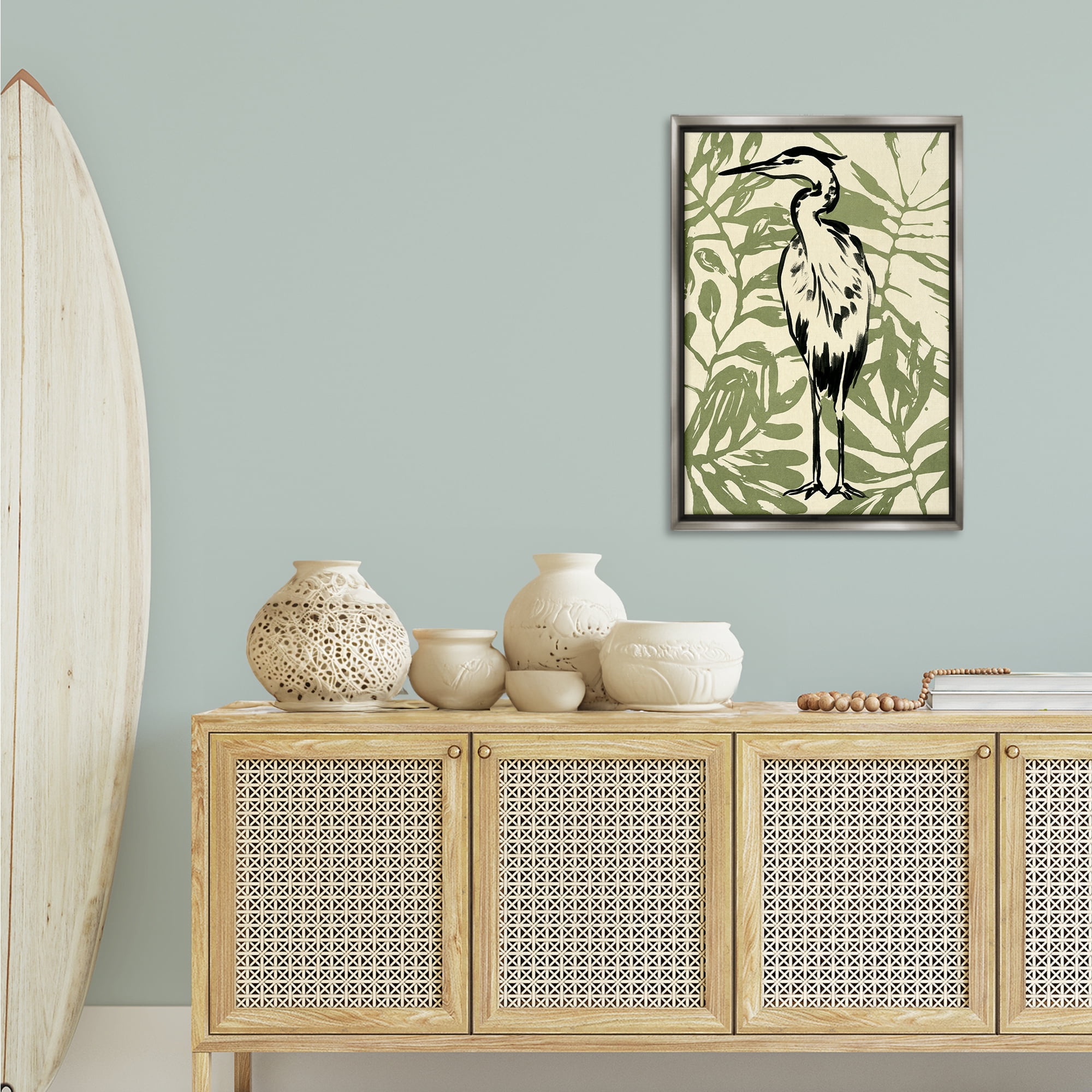Stupell Industries Wild Heron & Leaves Animals & Insects Painting Gray Floater Framed Canvas Art Print Wall Art, 21 x 31