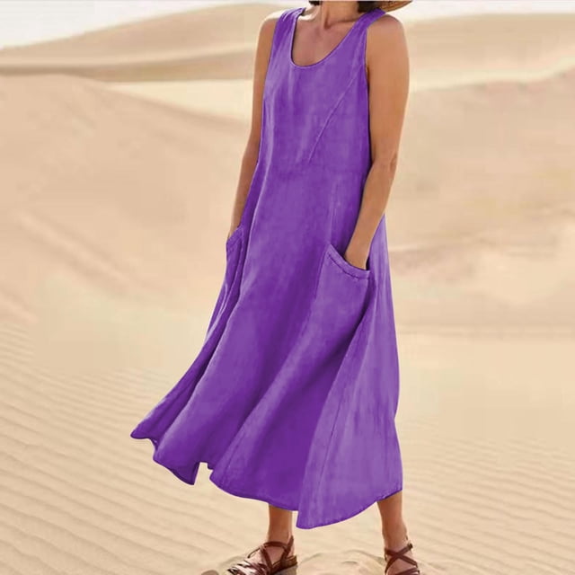 Meichang Robe Midi en Lin pour Femme avec Poches, Sans Manches, Robe Évasée d'Été à Encolure Dégagée, Décontractée, Longue en Coton et Lin