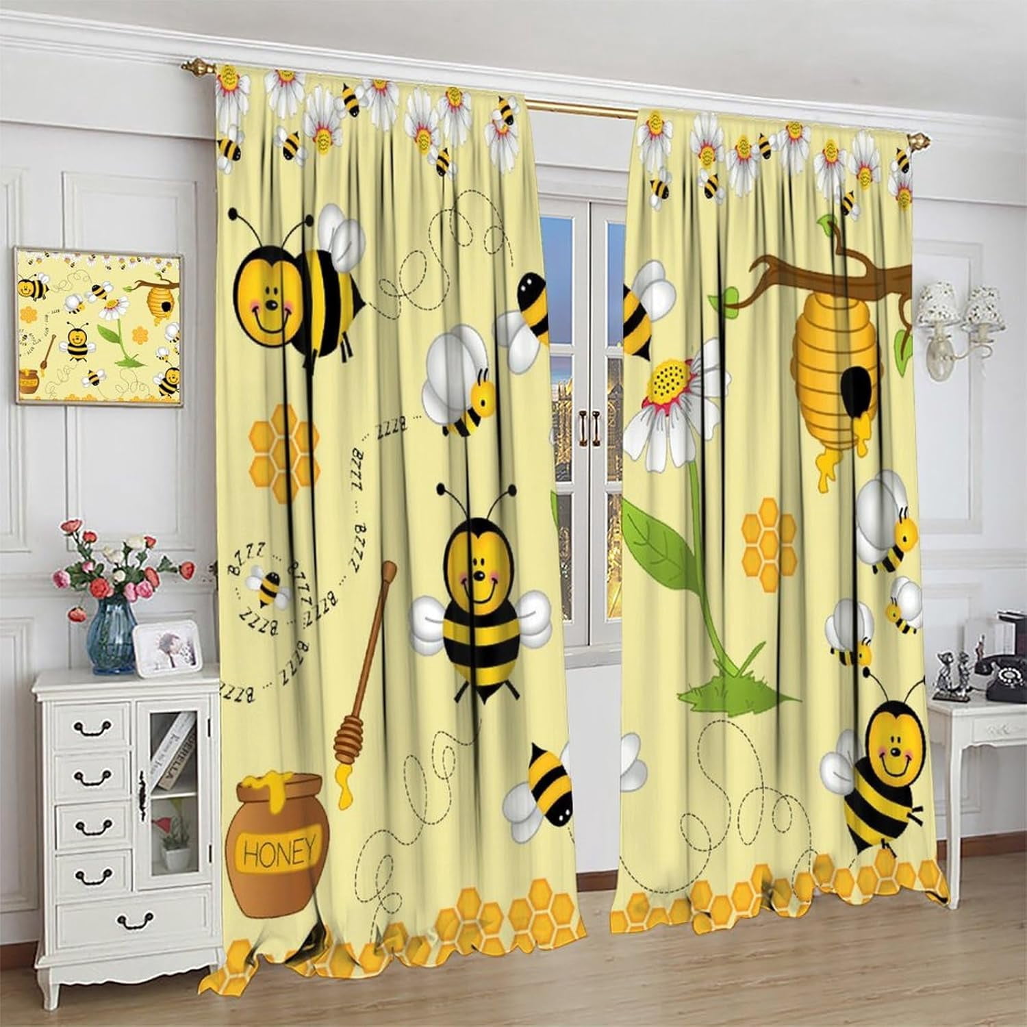 Bee Blackout Curtains Cartoon Flying Bees Daisy Honey Chamomile Flowers Spring Animal Print Living Room Bedroom Cafe Heat Insulation Privacy Curtains 42x63 Inch