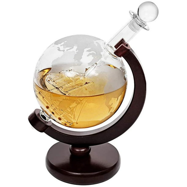Whiskey Decanter Globe, Etched World Globe Decanter, Liquor Dispenser