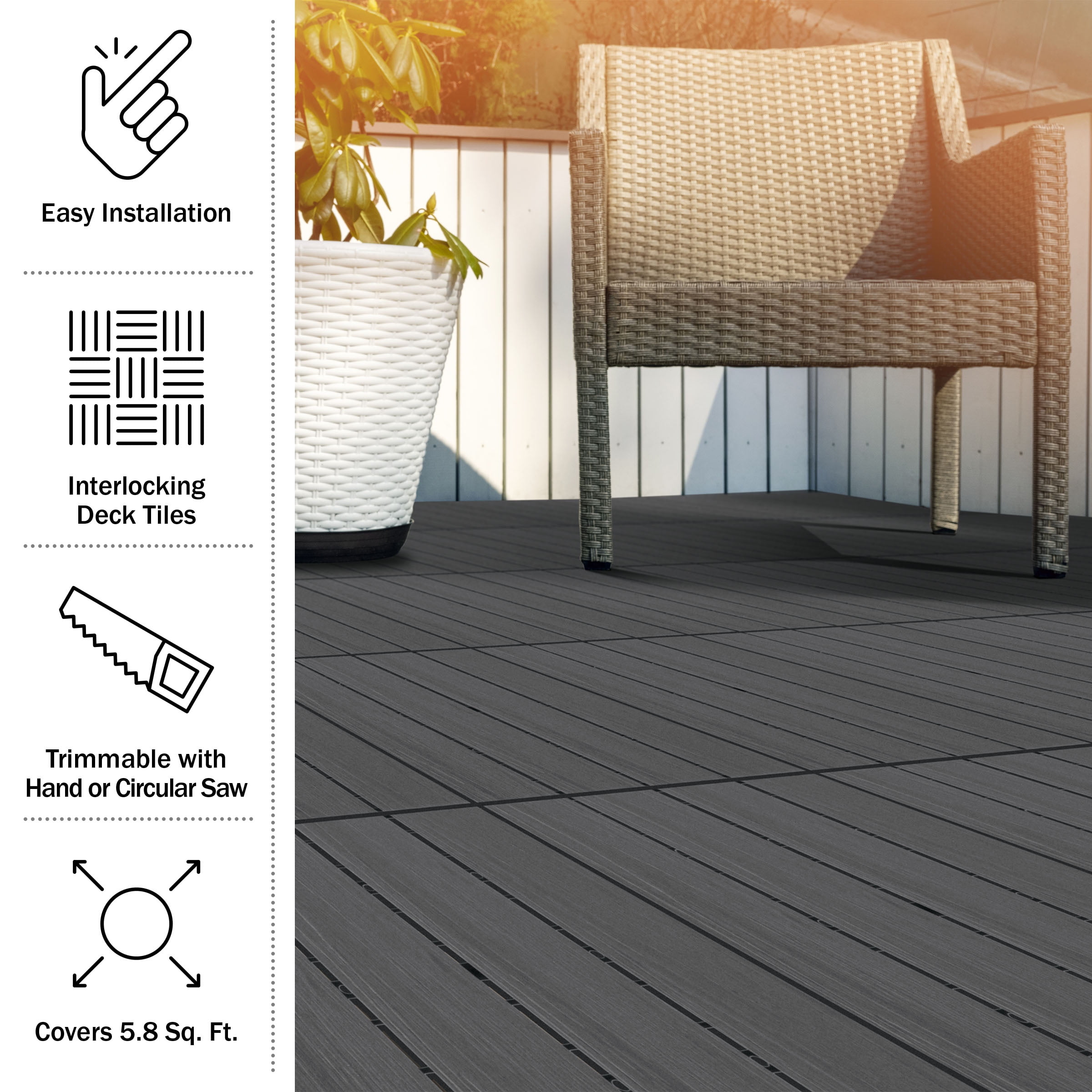 Pure Garden 6PK Interlocking Deck Tiles Woodgrain Outdoor Flooring, Gray