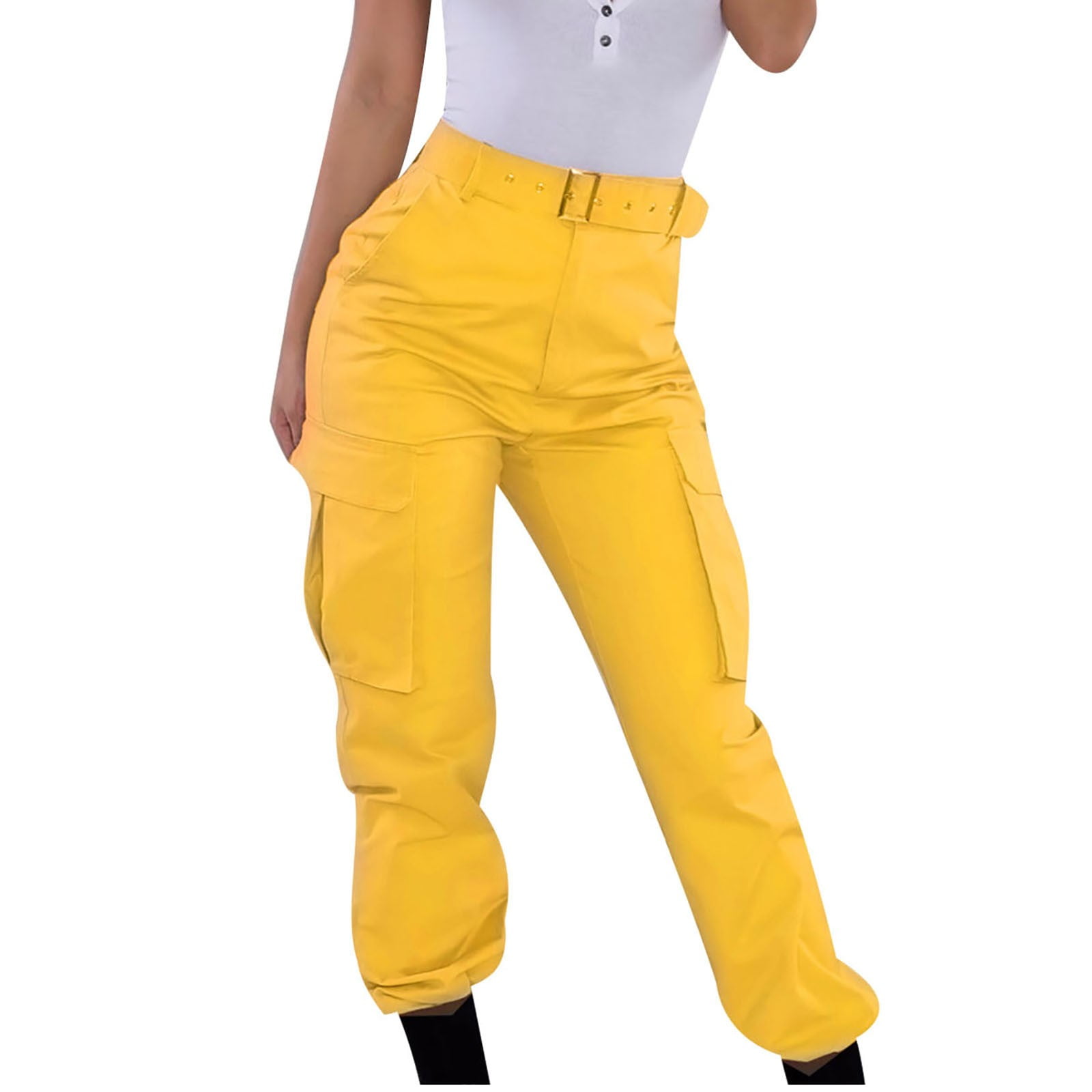 HTNBO Casual Cargo Pants for Women with Pockets Slim Leg High Rise