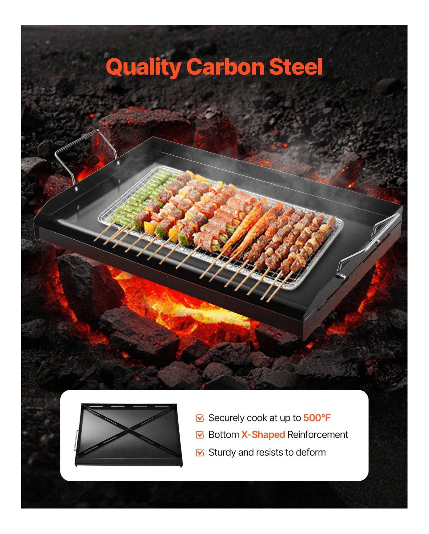 Carbon Steel Griddle 24x16 inch, BBQ Grill Pan, Flat Top Griddle for Gas Stove, Universal Cookware with Grease Trough, Removable Handles